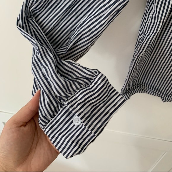 Dance & Marvel Blue Stripe Floral Embroidered Ruffle Long Sleeve Button Top L - Picture 5 of 13